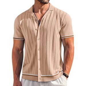 Men's Khaki Short Sleeve Knit Shirt Casual Button Down Shirt Vintage